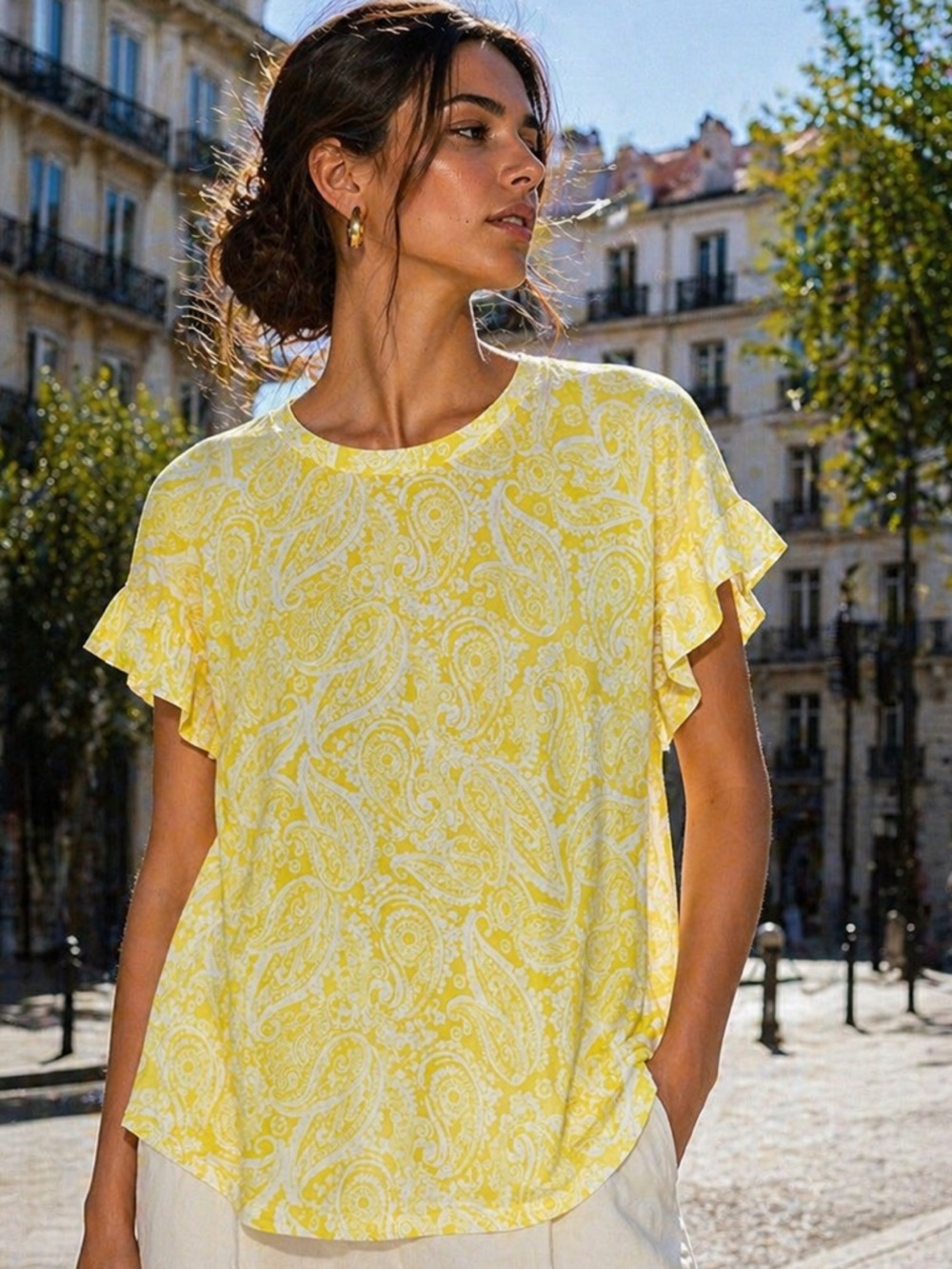🩷crown & ivy Yellow Paisley Ruffle-Sleeve Tee